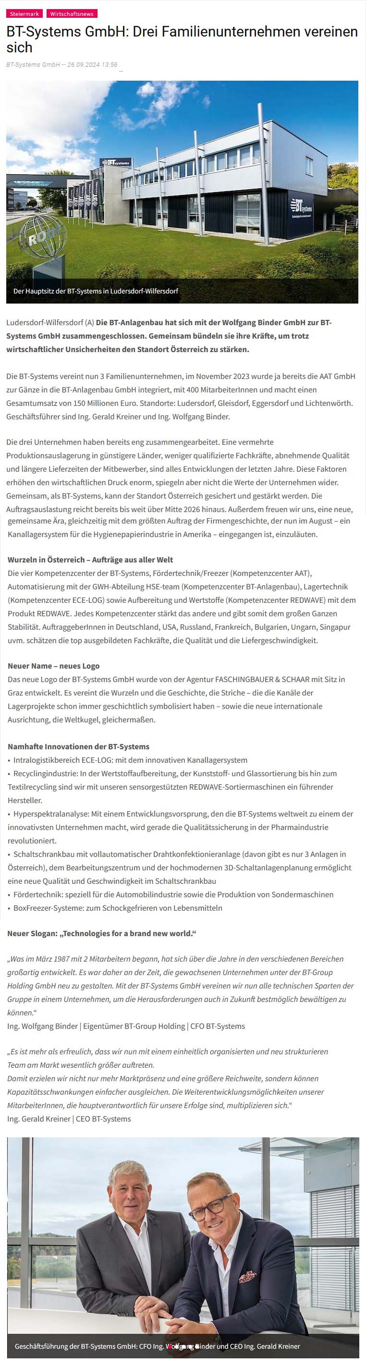 Presseartikel der wirtschaftszeit.at vom 26.09.2024 - BT-Systems GmbH: Drei Familienunternehmen vereinen sich