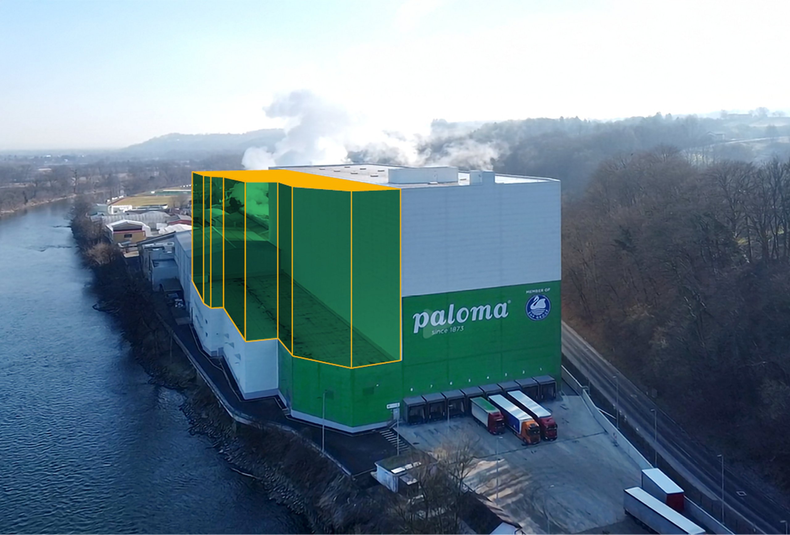 Die Werkshalle von Paloma, Luftaufnahme mit der eingezeichneten, geplanten Erweiterung