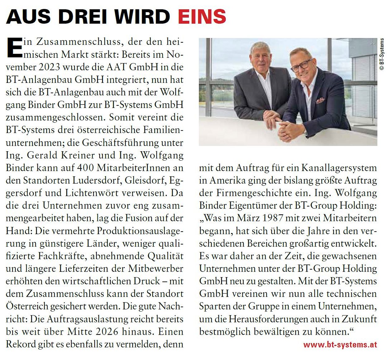 Presseartikel von NEWS BUSINESS EXPORT today - Aus drei wird eins