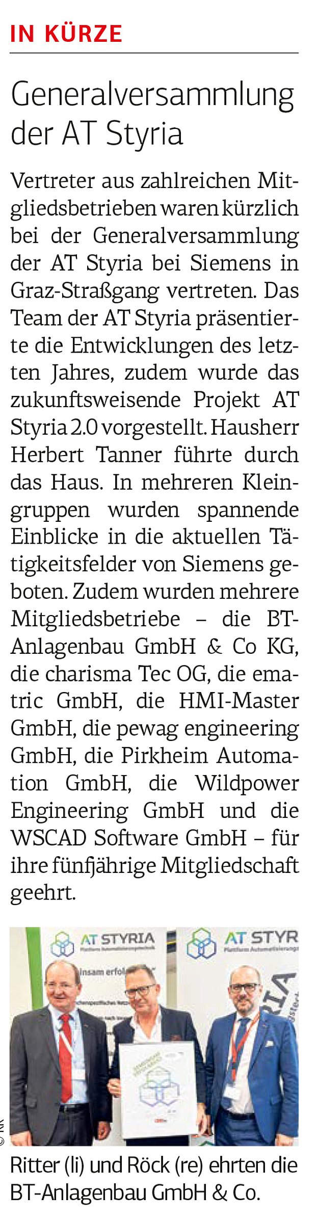 Presseartikel der Steirischen Wirtschaft vom 02.06.2023 - Ehrung von BT-Anlagenbau bei Generalversammlung der AT Styria 